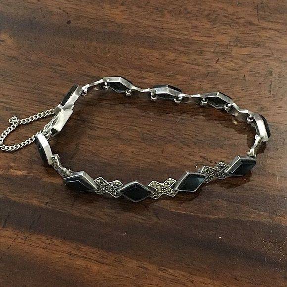 Vintage Black Onyx Marcasite Sterling Silver Tennis Bracelet - Picture 8 of 8
